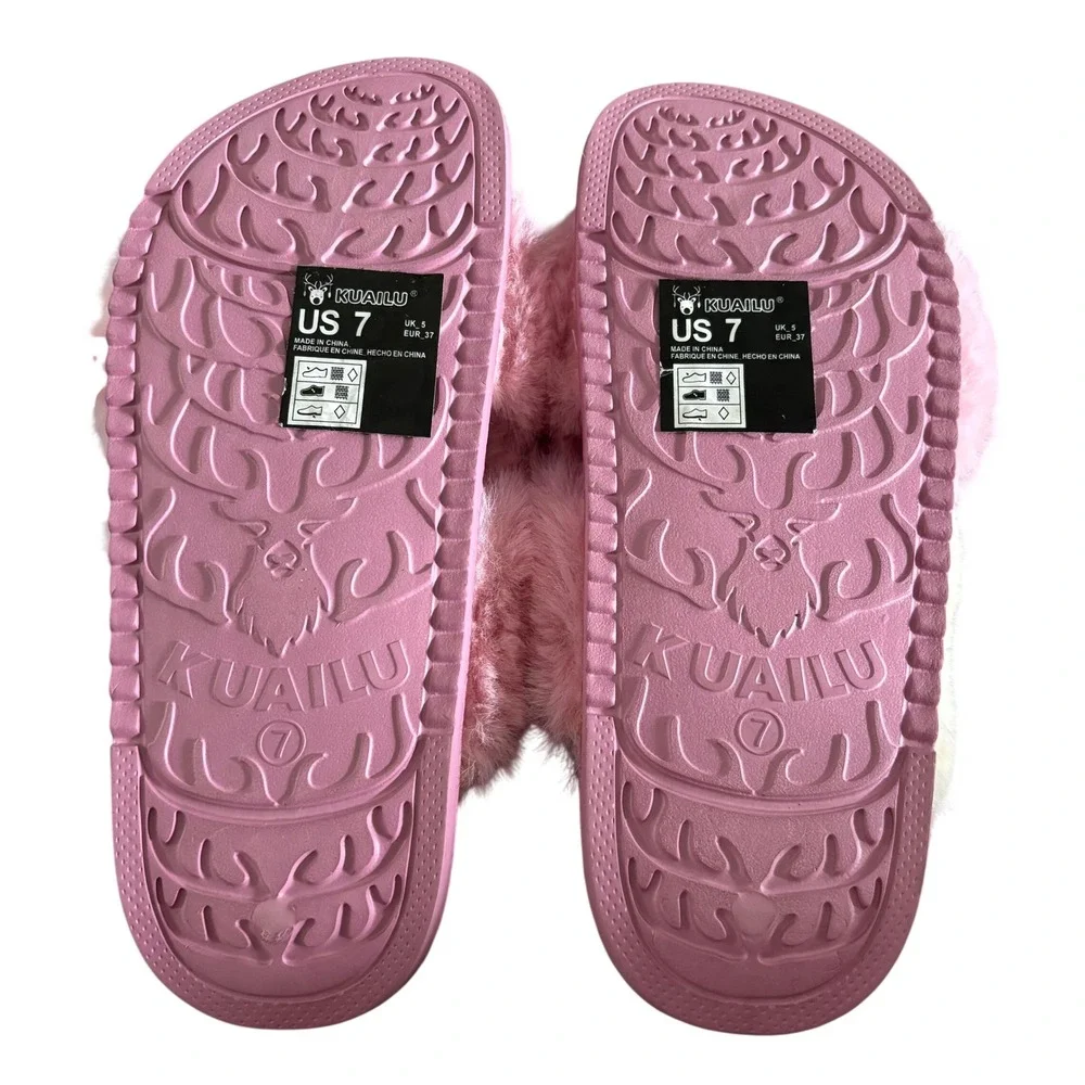 NEW KuaiLu Faux Fur Criss Cross Platform Sandals Sz 7 Pink Comfort Orthotic